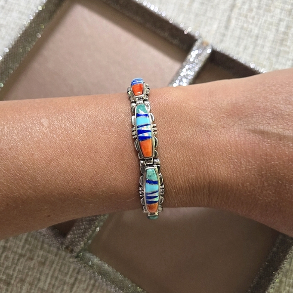 Calvin Begay Sterling Gemstone Inlay Bracelet